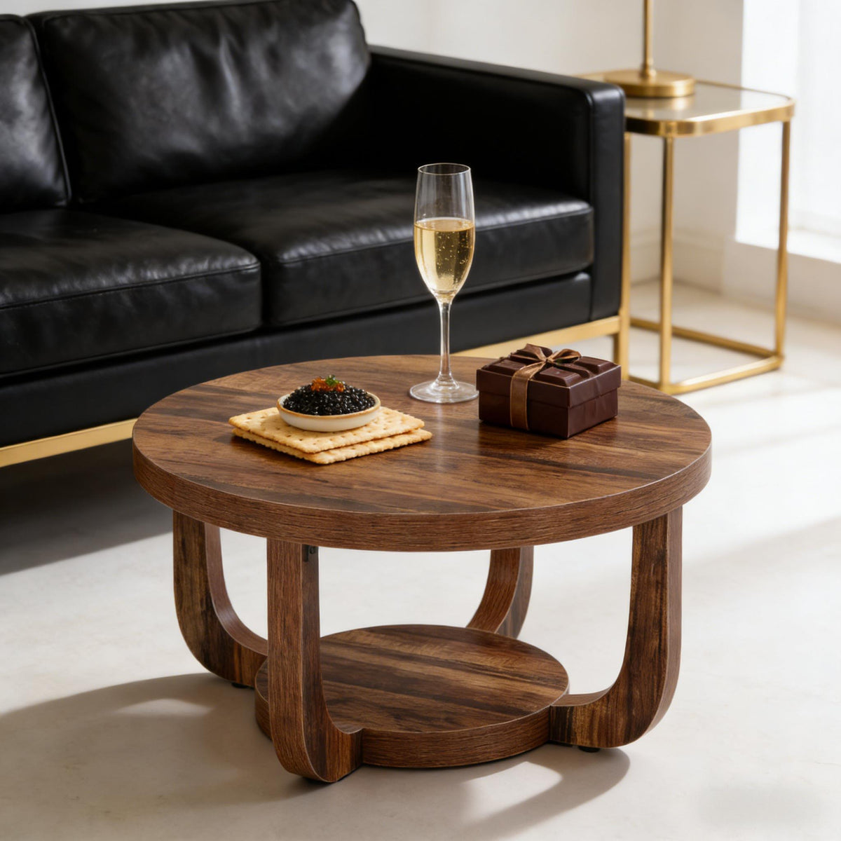 2-Tier Round Coffee Table with Storage Shelf