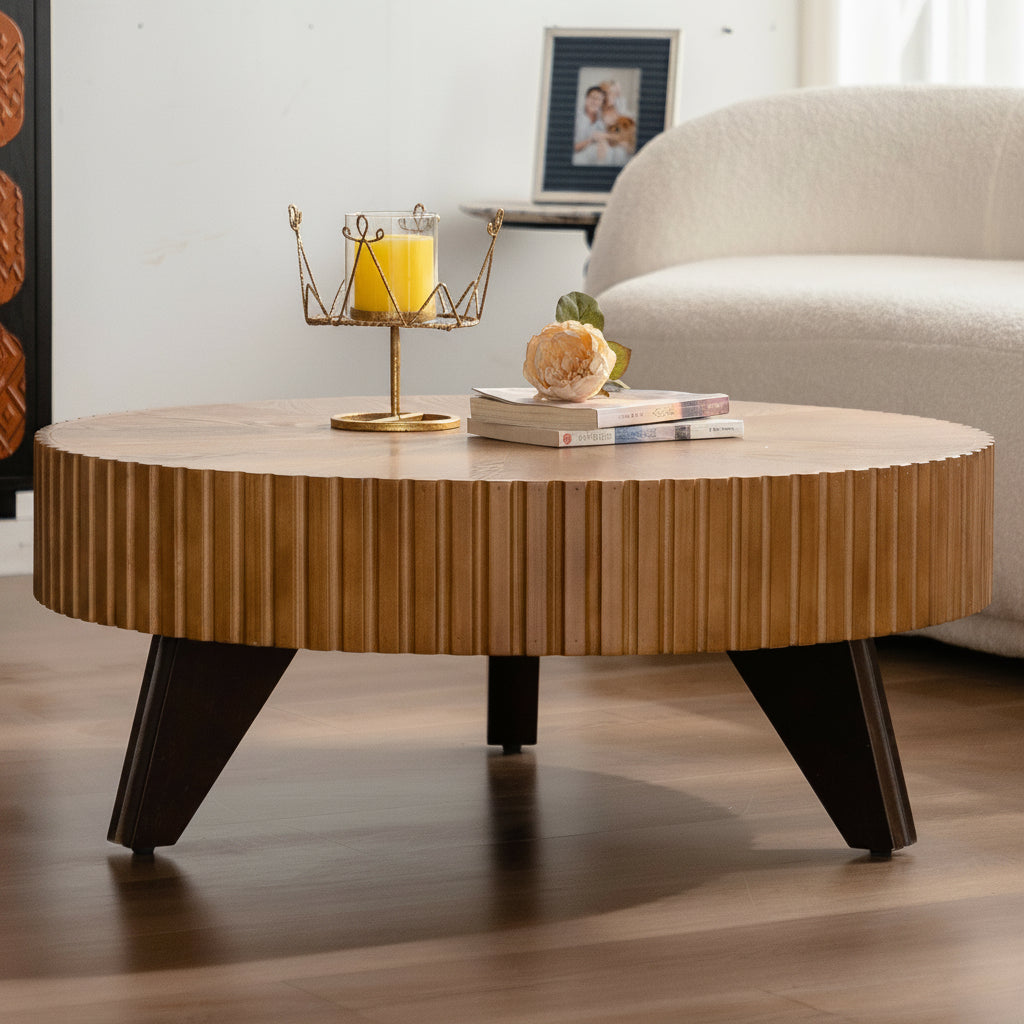 35.4-Inch Round Retro Coffee Table in Natural Wood