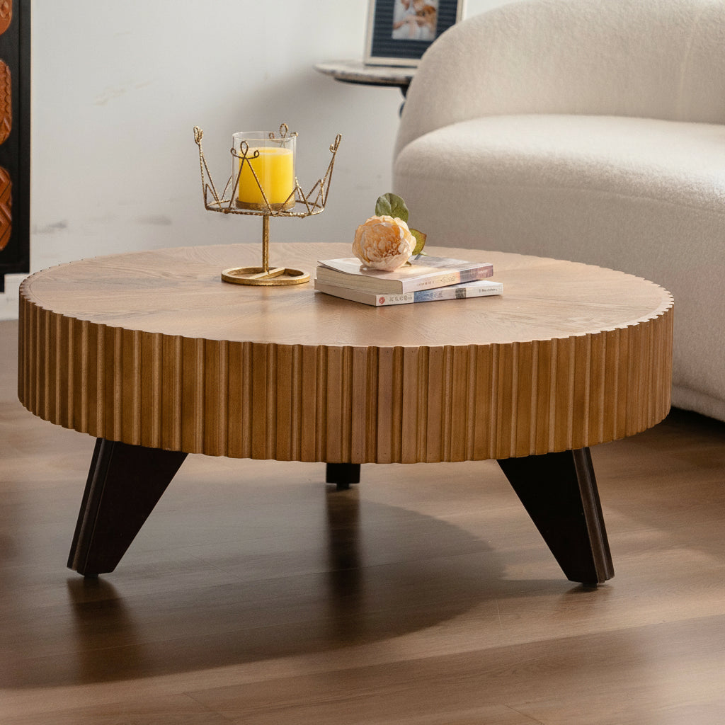 35.4-Inch Round Retro Coffee Table in Natural Wood