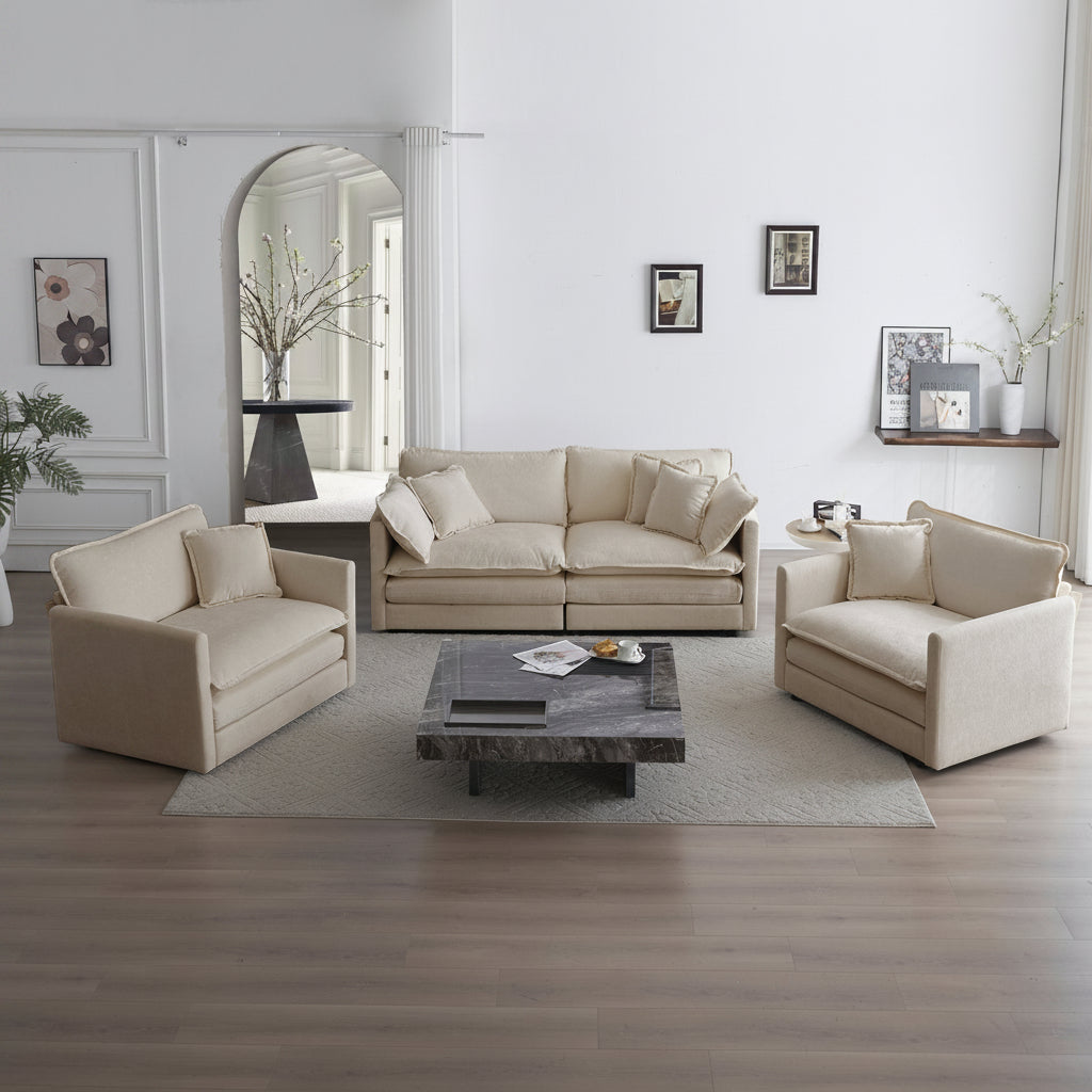 3 Piece Sofa Set with Arm Chairs and Toss Pillows