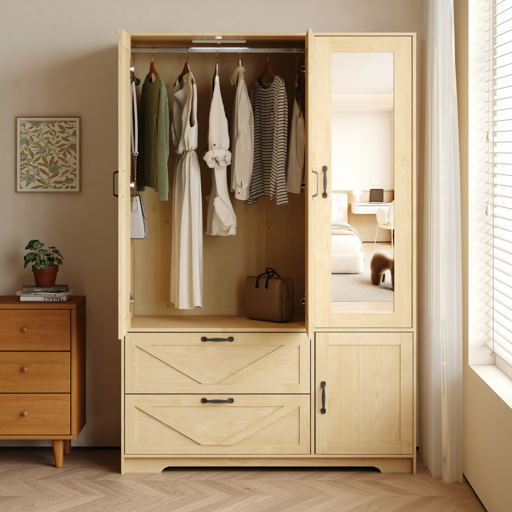 4-Door Wardrobe Closet with Mirror and LED Lighting
