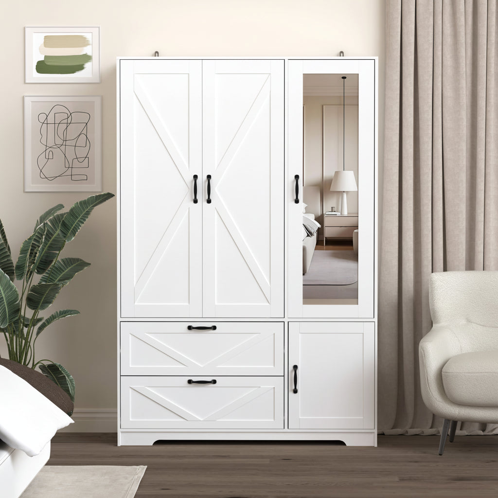 4-Door White Wardrobe with Mirror and LED Lighting