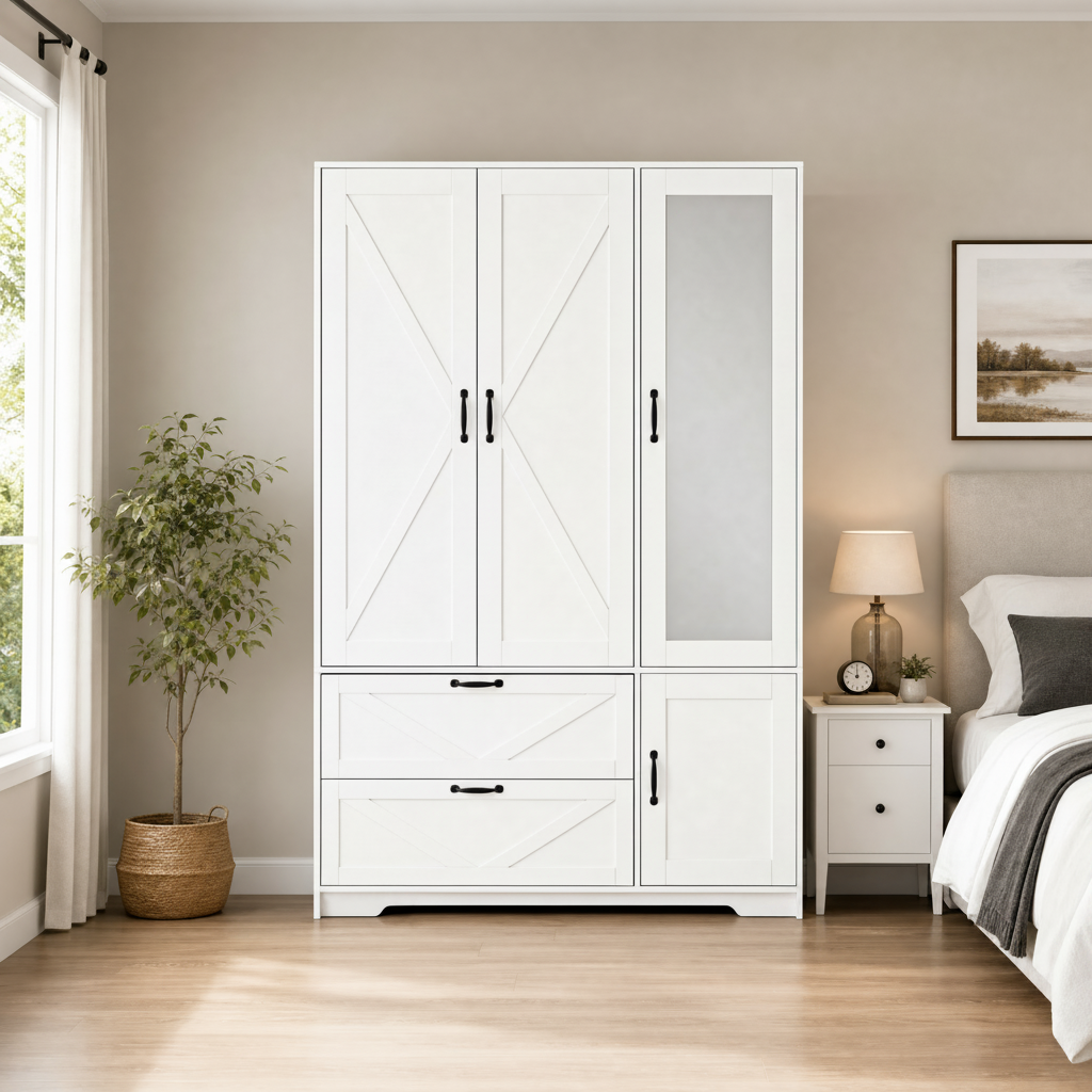 4-Door White Wardrobe with Mirror and LED Lighting