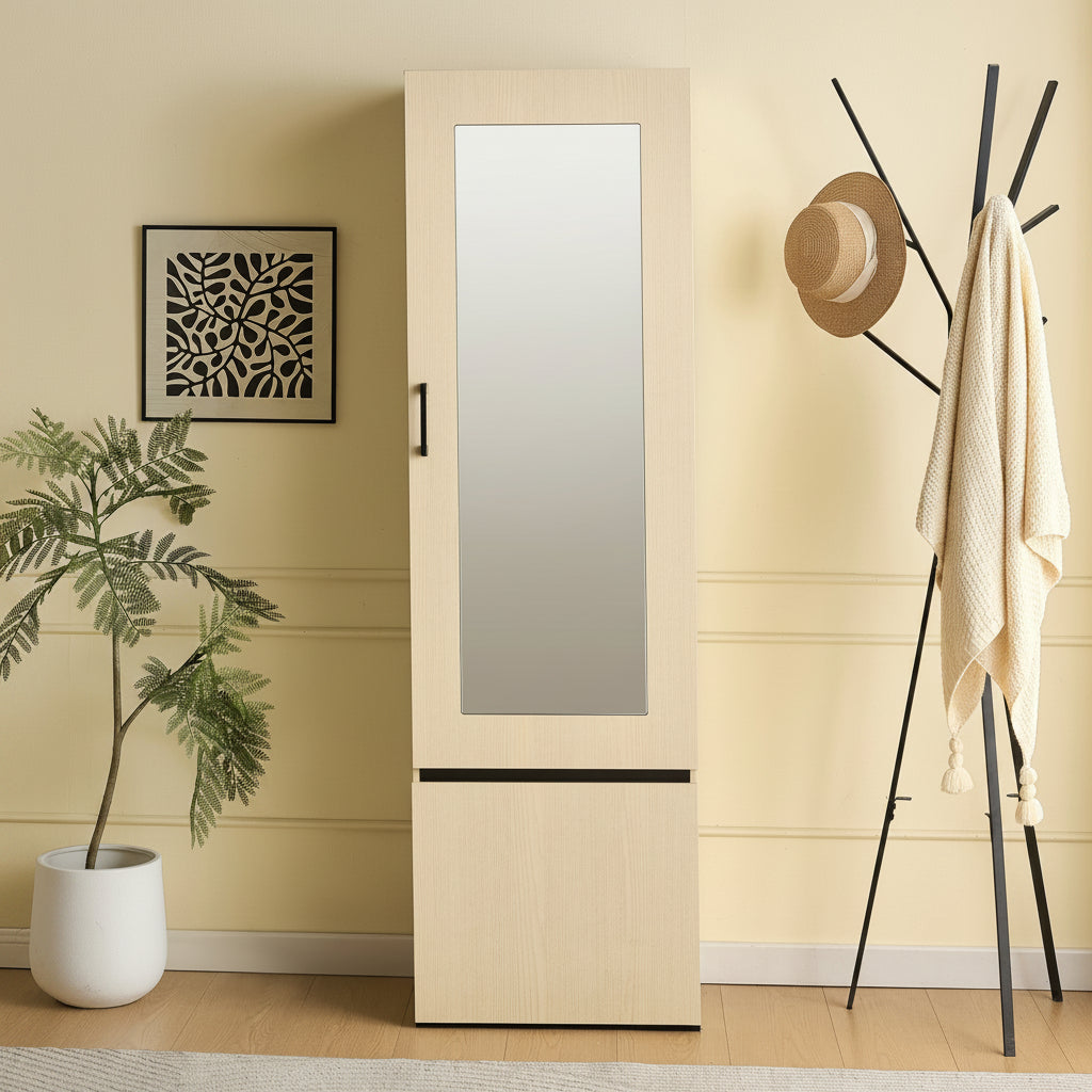 Narrow Wardrobe Cabinet with Mirror and Pull-Out Rail