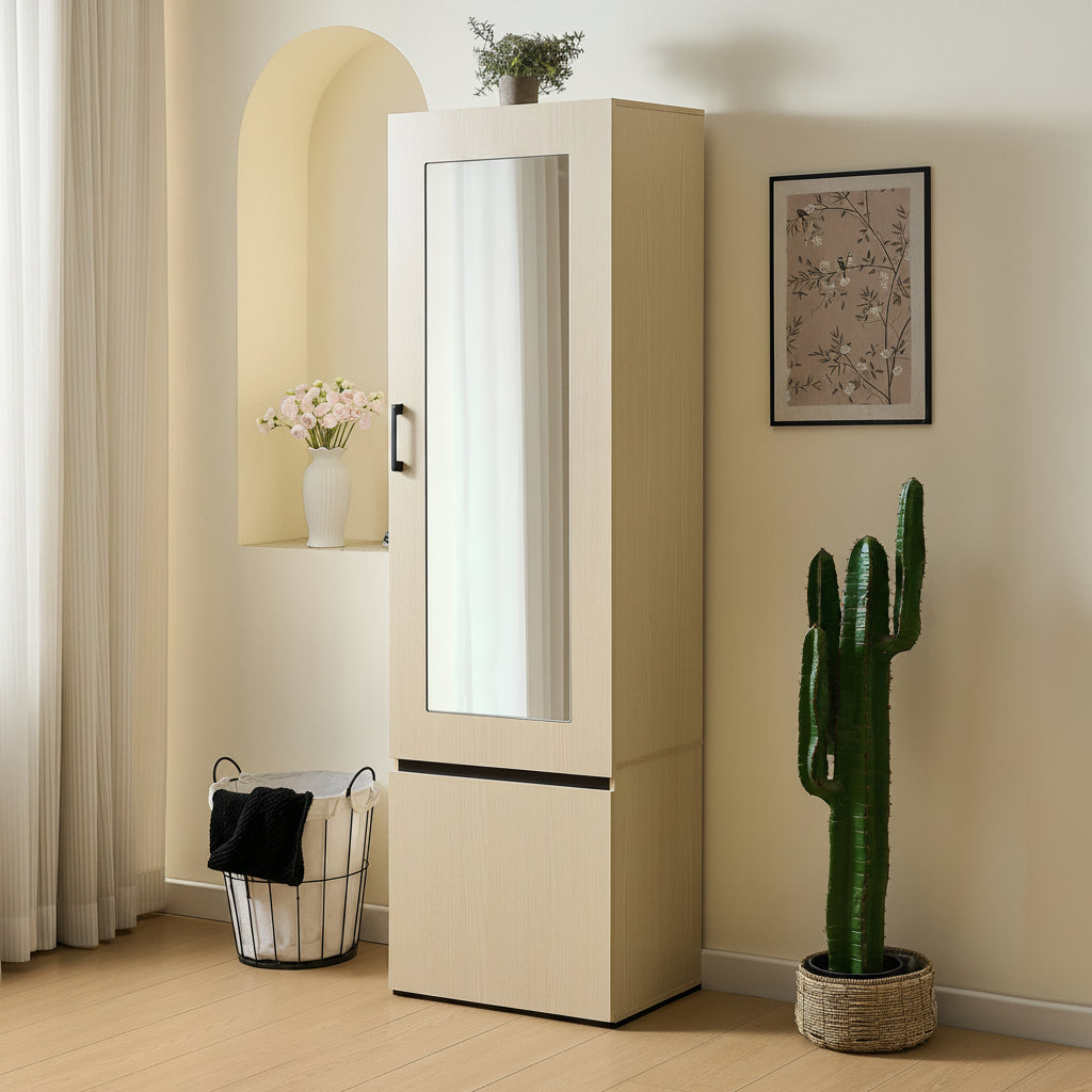 Narrow Wardrobe Cabinet with Mirror and Pull-Out Rail