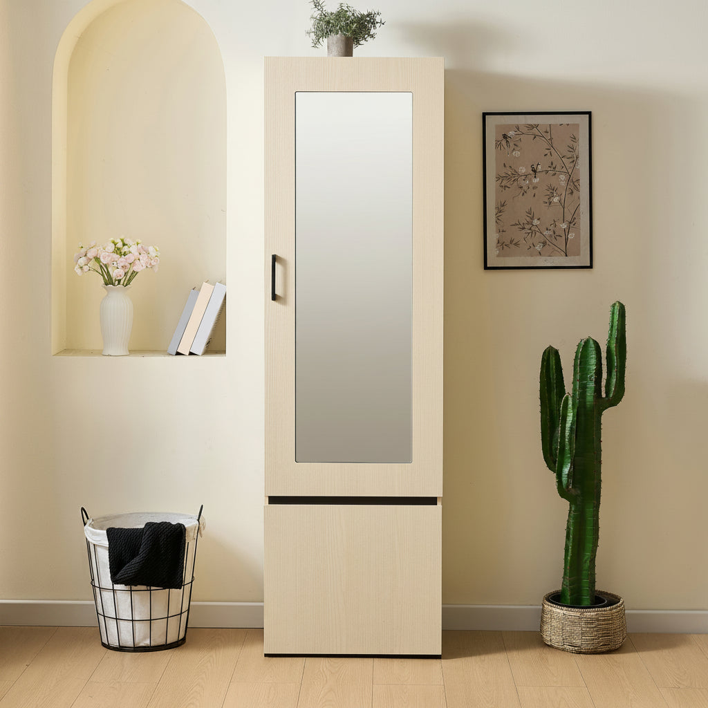 Narrow Wardrobe Cabinet with Mirror and Pull-Out Rail