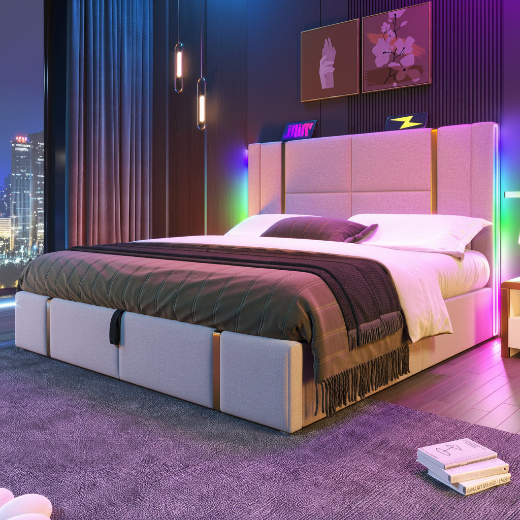 Upholstered 160x200cm Storage Bed with App-Controlled LED