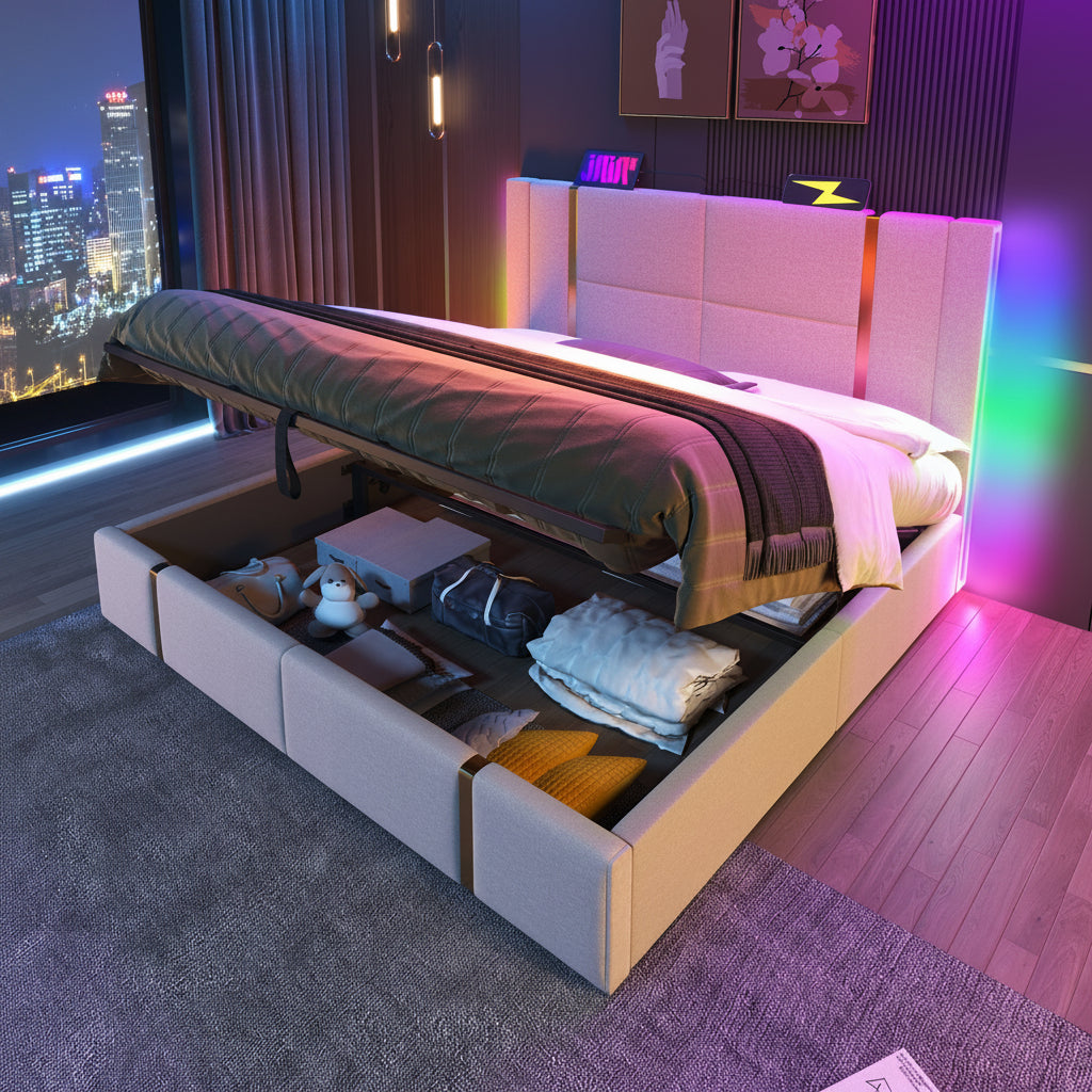 Upholstered 160x200cm Storage Bed with App-Controlled LED