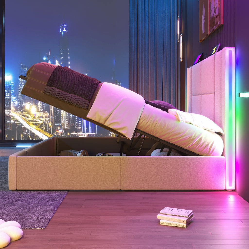 Upholstered 160x200cm Storage Bed with App-Controlled LED
