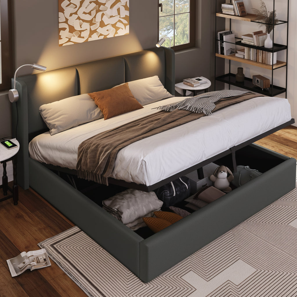 Upholstered 160x200cm Storage Bed with Reading Light