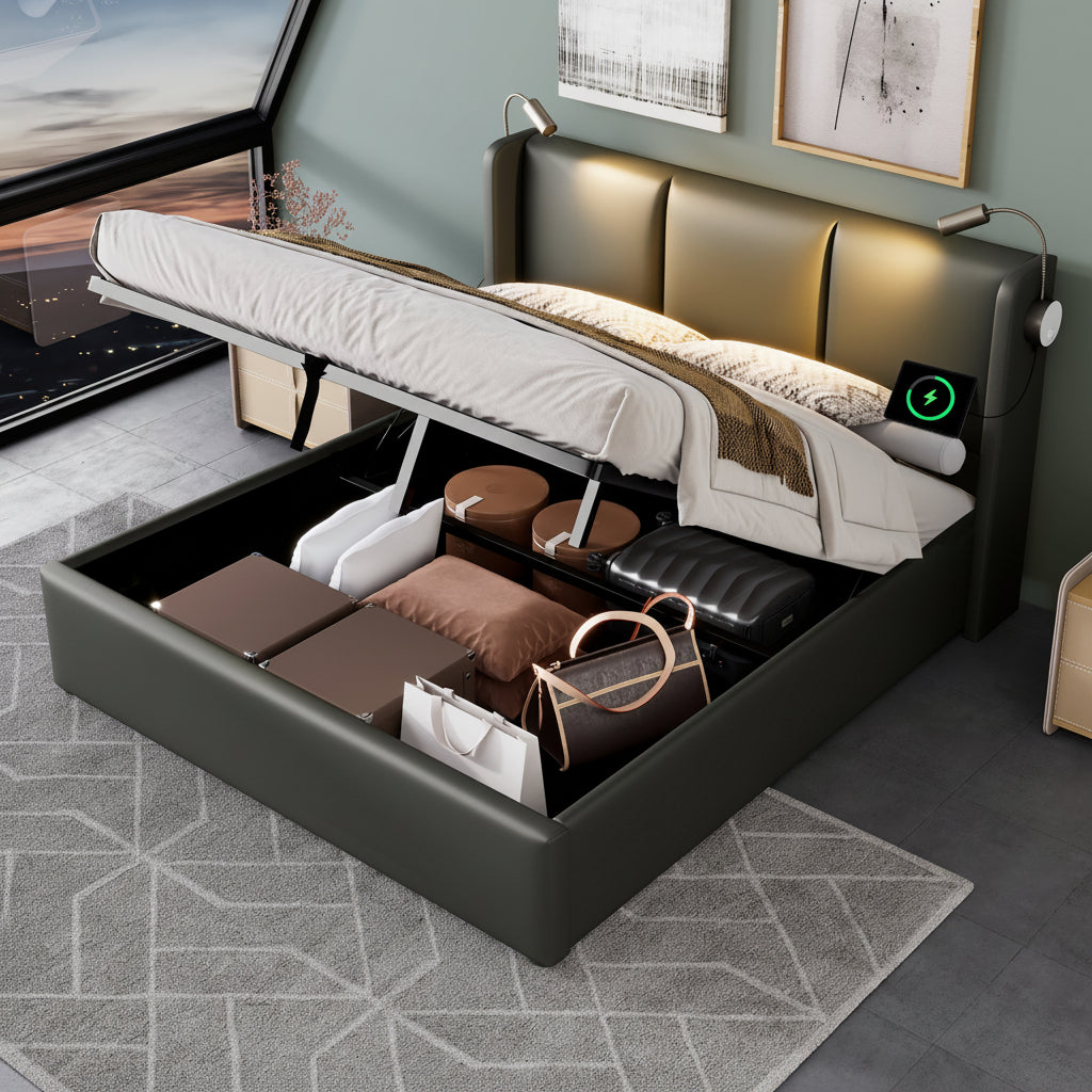 Upholstered 160x200cm Storage Bed with Reading Light