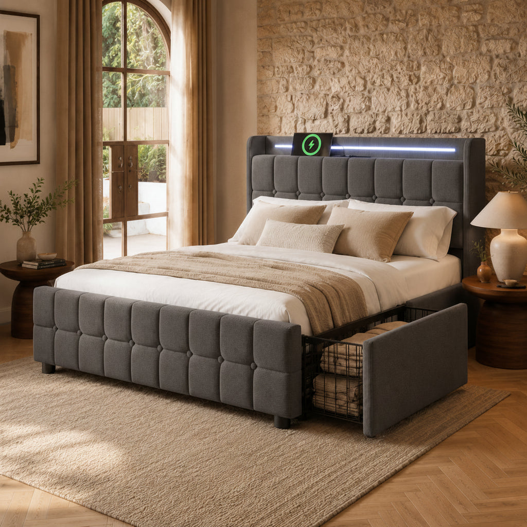 Upholstered Storage Bed with LED Lighting and USB Charging