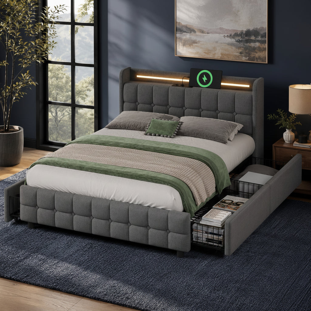 Upholstered Storage Bed with LED Lighting and USB Charging