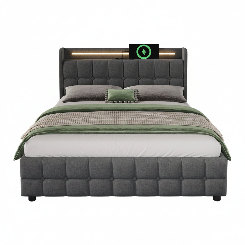 Upholstered Storage Bed with LED Lighting and USB Charging