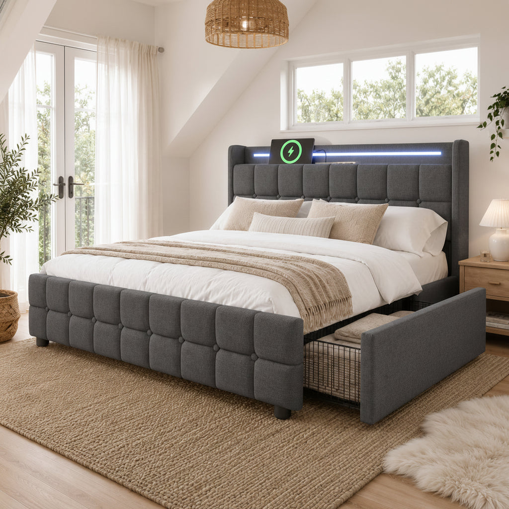 Upholstered Storage Bed with LED Lighting and USB Charging